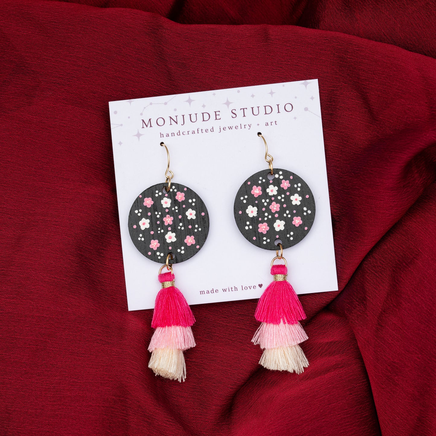 Wooden Painted Floral Earrings with Tassels