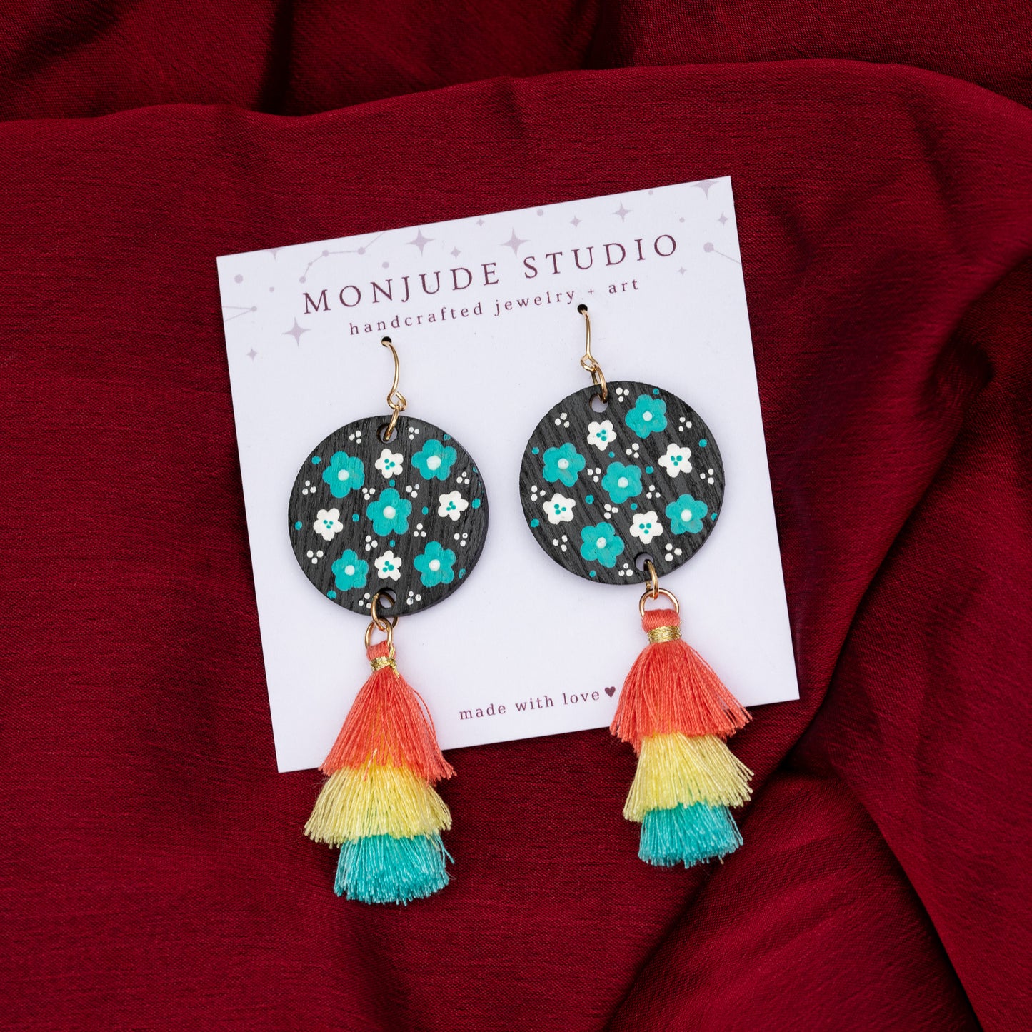 Wooden Painted Floral Earrings with Tassels