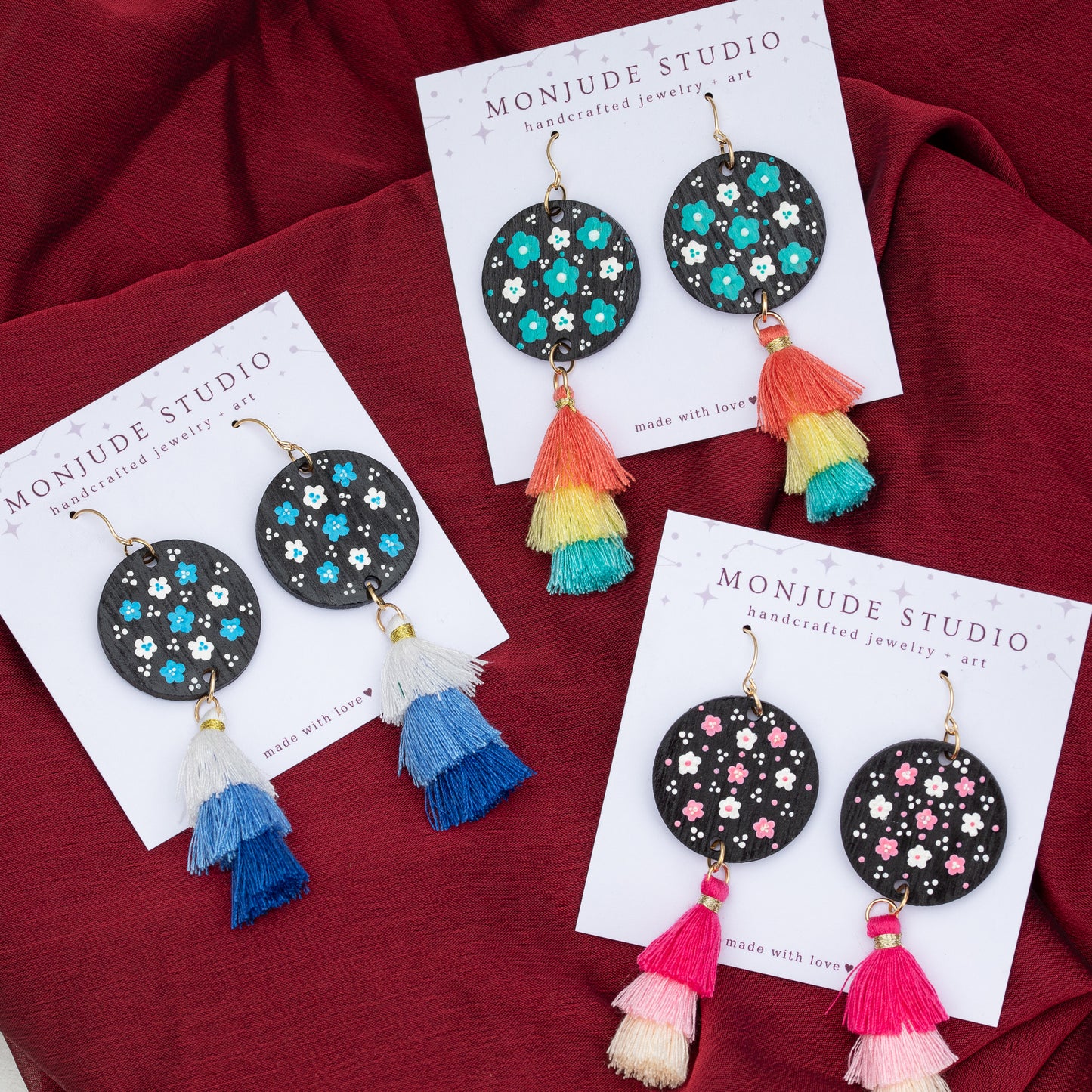 Wooden Painted Floral Earrings with Tassels