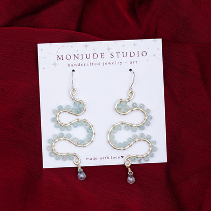 Wire Wrapped Wavy Earrings in Aquamarine