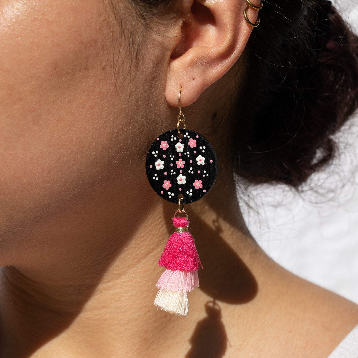 Wooden Painted Floral Earrings with Tassels