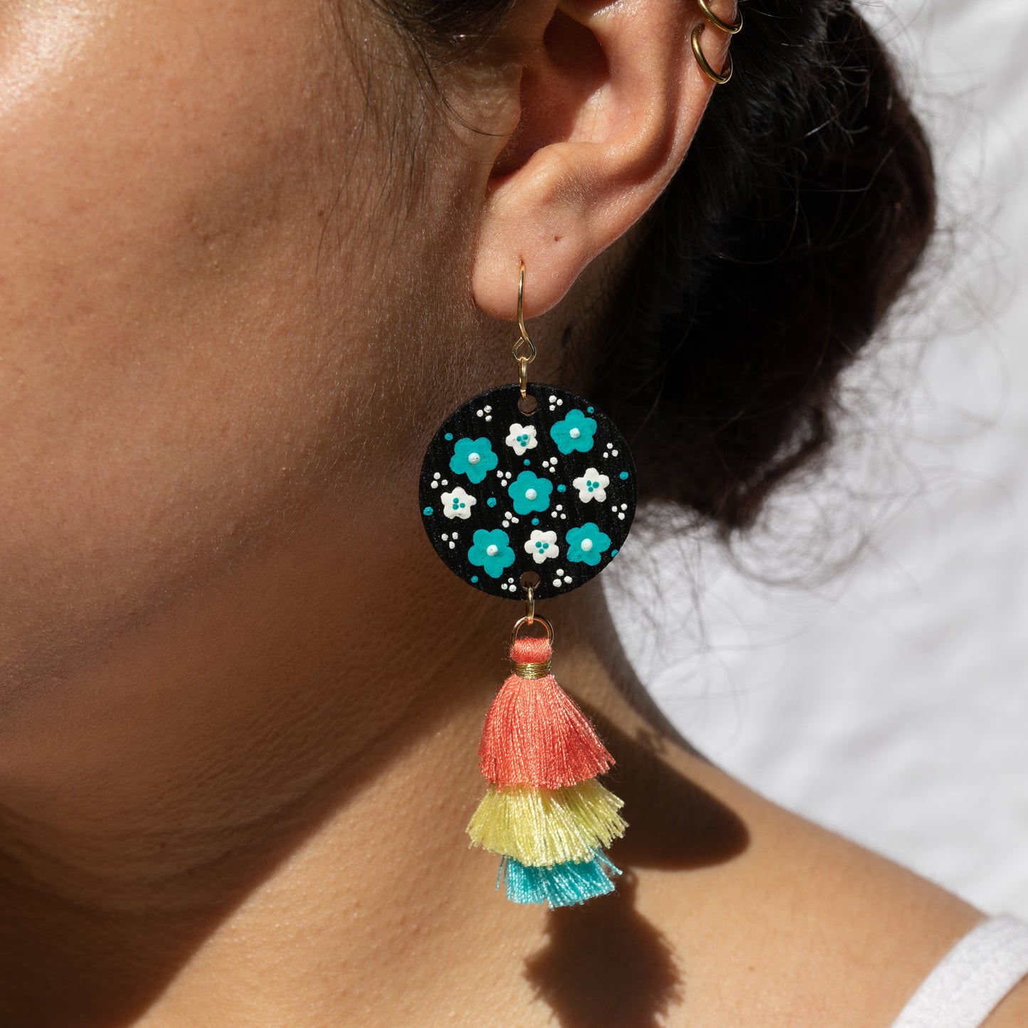 Wooden Painted Floral Earrings with Tassels