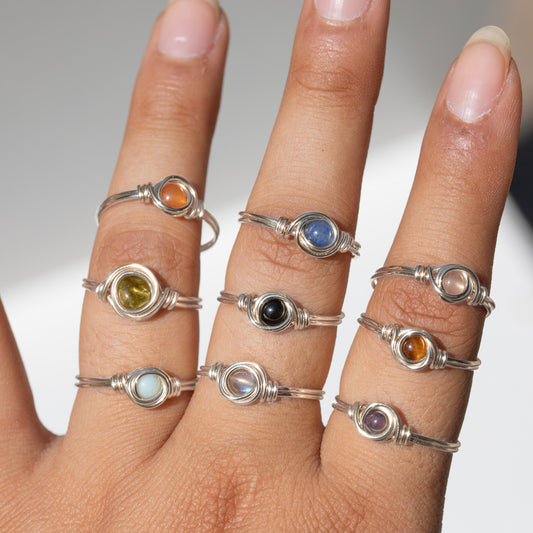 Dainty Wire Wrapped Gemstone Ring (Silver)
