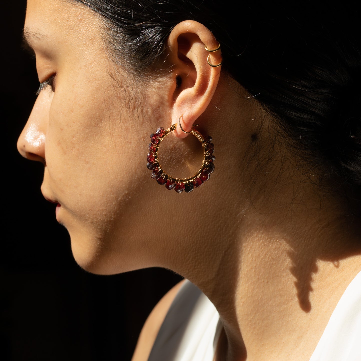 Wire Wrapped Tumbled Garnet Crystal Hoops