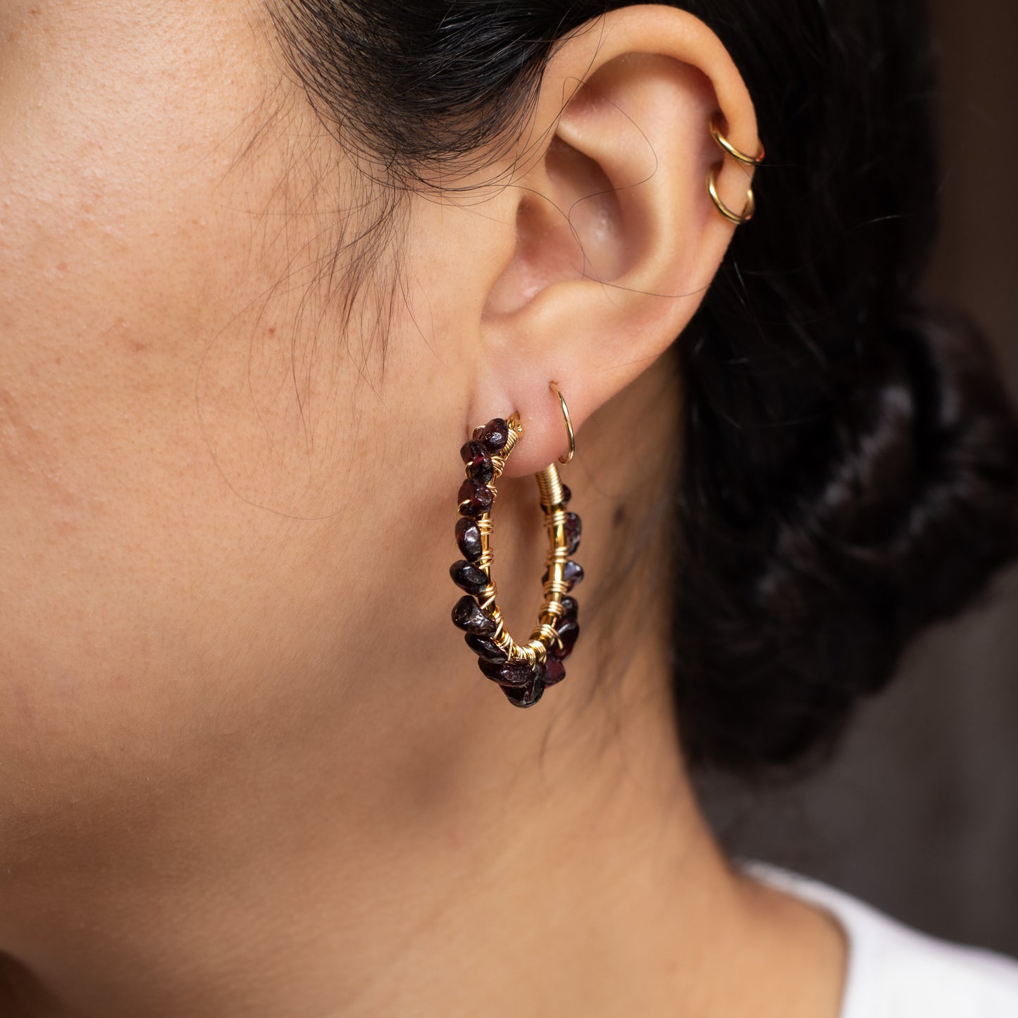 Wire Wrapped Tumbled Garnet Crystal Hoops