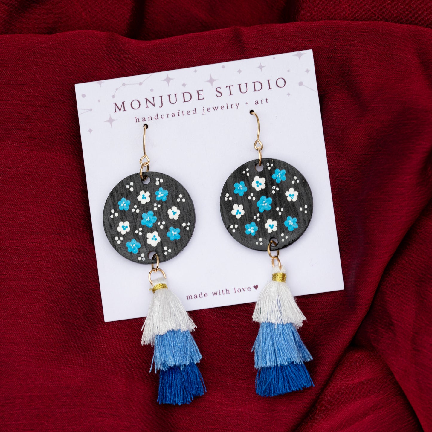 Wooden Painted Floral Earrings with Tassels