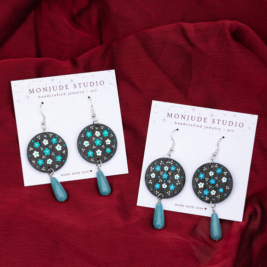 Wooden Painted Floral Earrings with Aquamarine