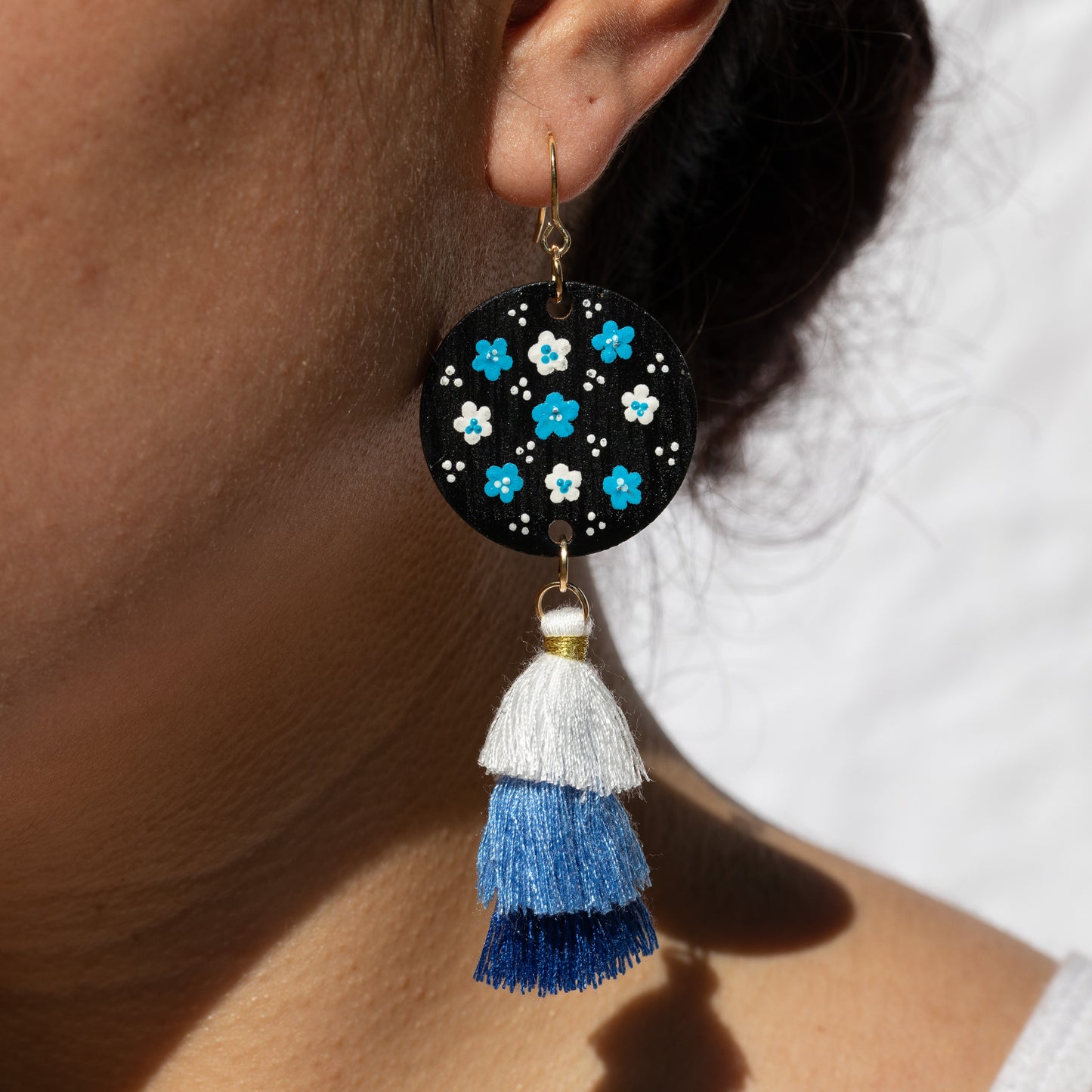 Wooden Painted Floral Earrings with Tassels
