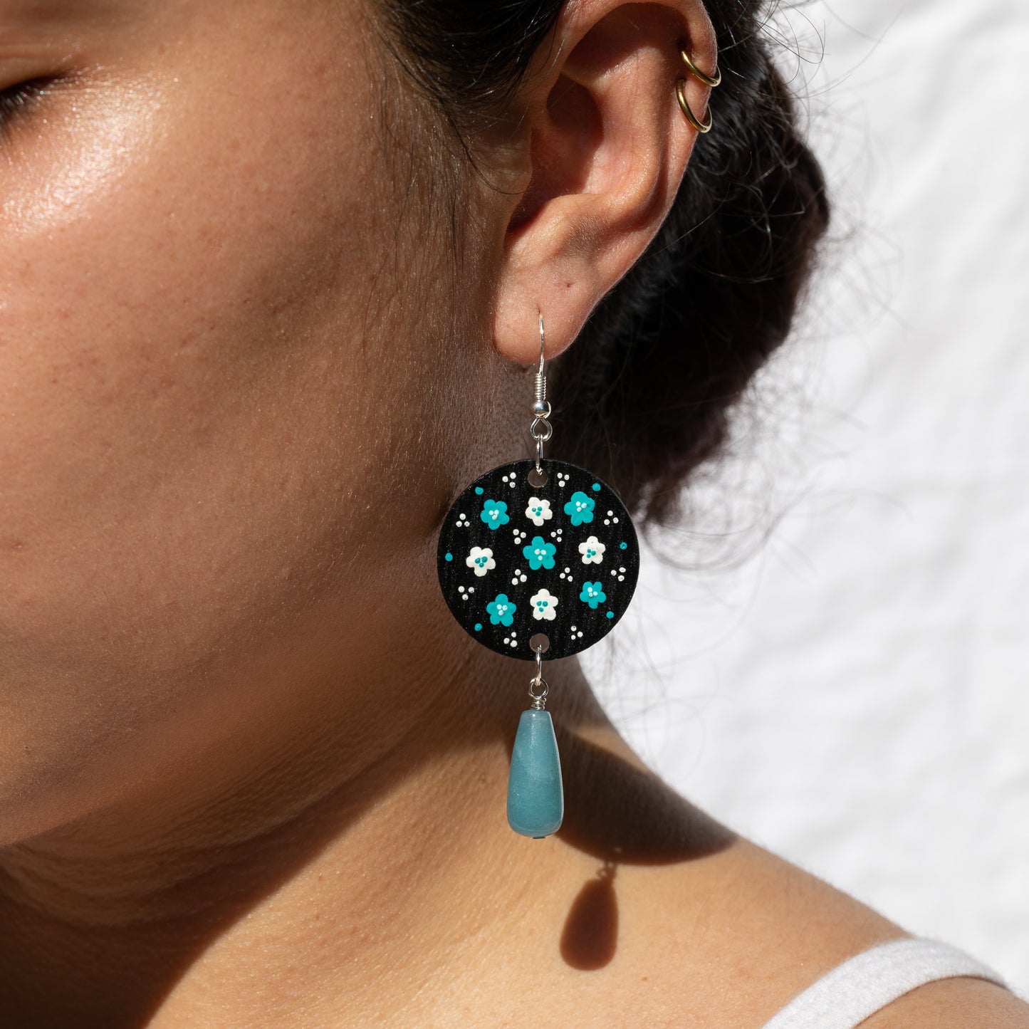 Wooden Painted Floral Earrings with Aquamarine