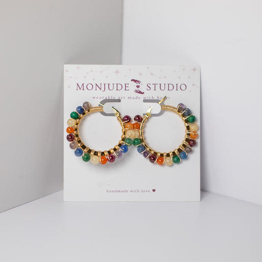 Rainbow Wire Wrapped Crystal Hoops