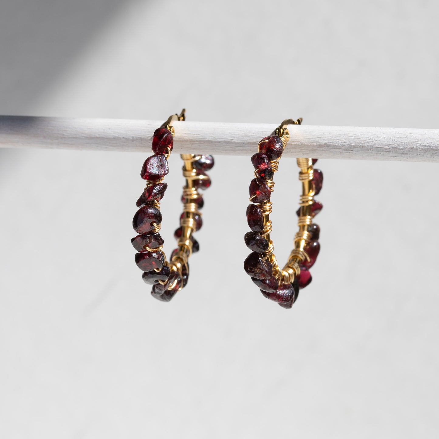 Wire Wrapped Tumbled Garnet Crystal Hoops