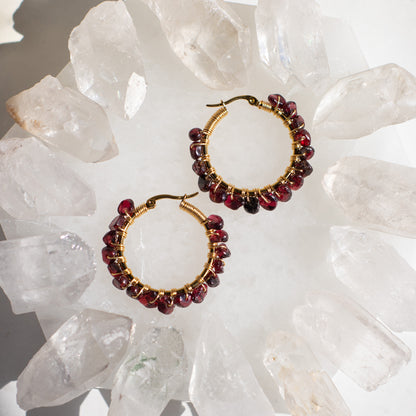 Wire Wrapped Tumbled Garnet Crystal Hoops
